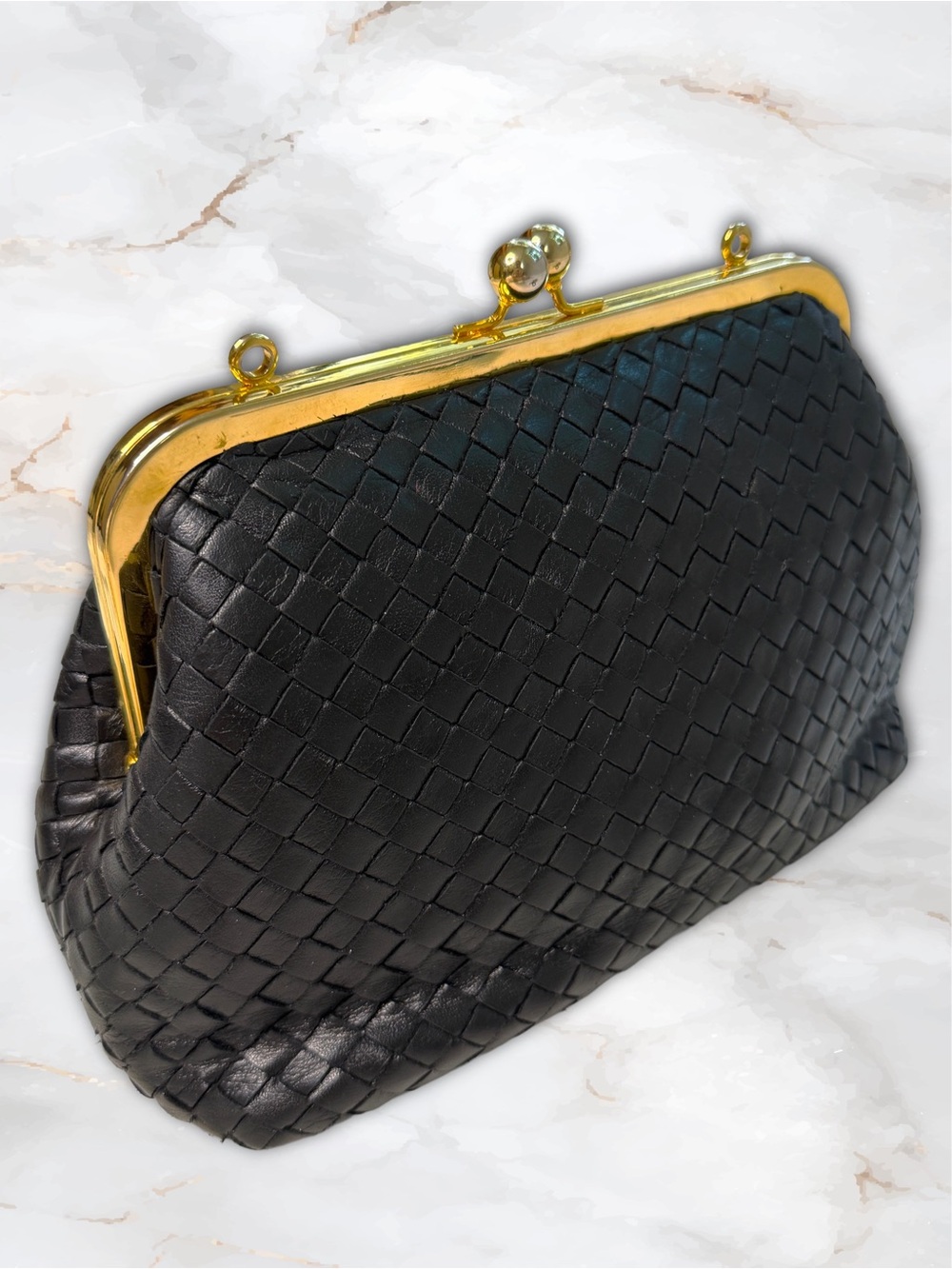 Vintage Black Woven Leather Kiss Lock Frame Bag 2 Way • Clutch Shoulder Purse - Picture 13 of 15